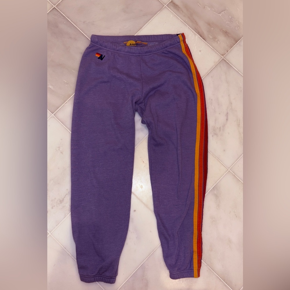 Aviator Nation women’s Purple Joggers with Rainbow Stripe
